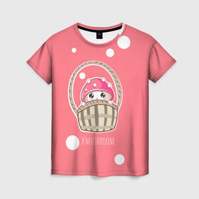 Женская футболка 3D с принтом Мухоморчик , 100% полиэфир ( синтетическое хлопкоподобное полотно) | прямой крой, круглый вырез горловины, длина до линии бедер | mushroom | гриб | корзинка | мухомор | розовый | хэштег