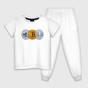 Детская пижама хлопок с принтом БИТКОИН ЭФИРИУМ РИПЛ , 100% хлопок |  брюки и футболка прямого кроя, без карманов, на брюках мягкая резинка на поясе и по низу штанин
 | Тематика изображения на принте: bitcoin | blockchain | btc | cardano | crypto | ethereum | polkadot | tether | xrp | бинанс | биткоин | блокчейн | валюта | деньги | криптовалюта | майнер | майнинг | цифровая валюта | цифровое золото | эфир