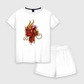 Женская пижама с шортиками хлопок с принтом Китайский дракон , 100% хлопок | футболка прямого кроя, шорты свободные с широкой мягкой резинкой | dragon | дракон | китай | китайский дракон | красная дракон | огонь | рога