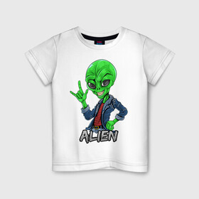 Детская футболка хлопок с принтом Пришелец рокер , 100% хлопок | круглый вырез горловины, полуприлегающий силуэт, длина до линии бедер | alien | инопланетянин | кожанка | крутой | нло | пришелец | рок | рокер | хипстер