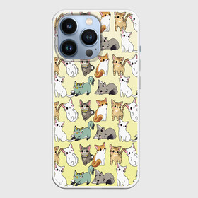 Чехол для iPhone 13 Pro с принтом мультяшные котики на желтом мя ,  |  | ветеринар | градиент | домашний питомец | котейки | котики | коты | котэ | котята | кошатник | кошатница | кошачьи | кошки | любитель животных | много | мультяшные | мяу | нэко | рисованный | узор