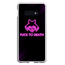 Чехол для Samsung S10E с принтом FUCK TO DEATH , Силикон | Область печати: задняя сторона чехла, без боковых панелей | Тематика изображения на принте: cyberpunk 2077 | hacker | maelstrom | militech | quadra | samurai | sci fi | technology | trauma team | v | будущее | игра | иероглифы | киану ривз | кибер | киберпанк | киборг | киборги | корпорация | лого | милитек | панк | роботы | самур