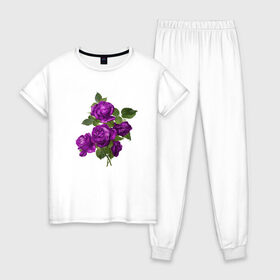 Женская пижама хлопок с принтом Букеты , 100% хлопок | брюки и футболка прямого кроя, без карманов, на брюках мягкая резинка на поясе и по низу штанин | букетик | любовь | фиолетовый | цветы | яркое