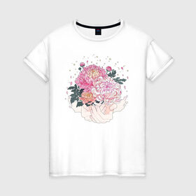 Женская футболка хлопок с принтом Пионы , 100% хлопок | прямой крой, круглый вырез горловины, длина до линии бедер, слегка спущенное плечо | flo | flowers | растения | флористика | цветение | цветы