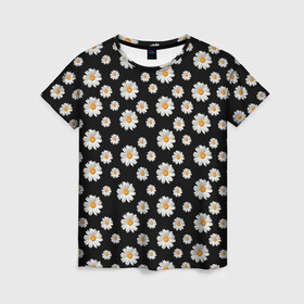 Женская футболка 3D с принтом Ромашки на чёрном , 100% полиэфир ( синтетическое хлопкоподобное полотно) | прямой крой, круглый вырез горловины, длина до линии бедер | бабочки | лето | природа | рома | ромашка | ромашки | цветочки | цветы