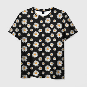 Мужская футболка 3D с принтом Ромашки на чёрном , 100% полиэфир | прямой крой, круглый вырез горловины, длина до линии бедер | Тематика изображения на принте: бабочки | лето | природа | рома | ромашка | ромашки | цветочки | цветы