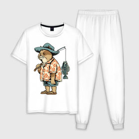 Мужская пижама хлопок с принтом Котан рыбак , 100% хлопок | брюки и футболка прямого кроя, без карманов, на брюках мягкая резинка на поясе и по низу штанин
 | кот | лето | рубашка | рыба | удочка | хипстер | шлепанцы | шорты