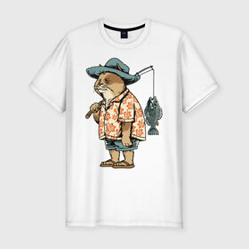Мужская футболка хлопок Slim с принтом Котан рыбак , 92% хлопок, 8% лайкра | приталенный силуэт, круглый вырез ворота, длина до линии бедра, короткий рукав | кот | лето | рубашка | рыба | удочка | хипстер | шлепанцы | шорты