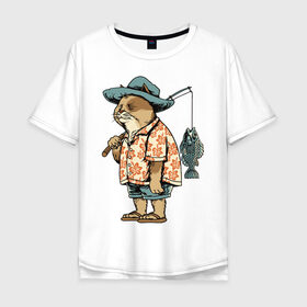 Мужская футболка хлопок Oversize с принтом Котан рыбак , 100% хлопок | свободный крой, круглый ворот, “спинка” длиннее передней части | кот | лето | рубашка | рыба | удочка | хипстер | шлепанцы | шорты