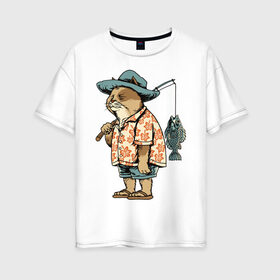 Женская футболка хлопок Oversize с принтом Котан рыбак , 100% хлопок | свободный крой, круглый ворот, спущенный рукав, длина до линии бедер
 | кот | лето | рубашка | рыба | удочка | хипстер | шлепанцы | шорты