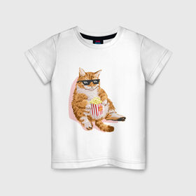 Детская футболка хлопок с принтом Ленивый кот , 100% хлопок | круглый вырез горловины, полуприлегающий силуэт, длина до линии бедер | корн | кот | ленивый | очки | поп | попкорн | хипстер