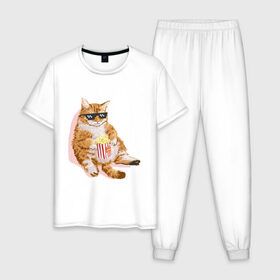 Мужская пижама хлопок с принтом Ленивый кот , 100% хлопок | брюки и футболка прямого кроя, без карманов, на брюках мягкая резинка на поясе и по низу штанин
 | корн | кот | ленивый | очки | поп | попкорн | хипстер
