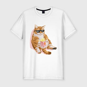 Мужская футболка хлопок Slim с принтом Ленивый кот , 92% хлопок, 8% лайкра | приталенный силуэт, круглый вырез ворота, длина до линии бедра, короткий рукав | Тематика изображения на принте: корн | кот | ленивый | очки | поп | попкорн | хипстер