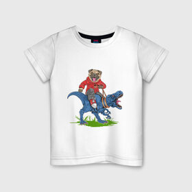 Детская футболка хлопок с принтом Мопс на динозавре , 100% хлопок | круглый вырез горловины, полуприлегающий силуэт, длина до линии бедер | Тематика изображения на принте: дикий | динозавр | кеды | мопс | собака | тирекс | хипстер