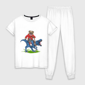 Женская пижама хлопок с принтом Мопс на динозавре , 100% хлопок | брюки и футболка прямого кроя, без карманов, на брюках мягкая резинка на поясе и по низу штанин | дикий | динозавр | кеды | мопс | собака | тирекс | хипстер