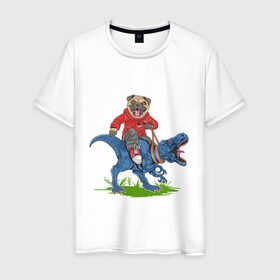 Мужская футболка хлопок с принтом Мопс на динозавре , 100% хлопок | прямой крой, круглый вырез горловины, длина до линии бедер, слегка спущенное плечо. | дикий | динозавр | кеды | мопс | собака | тирекс | хипстер