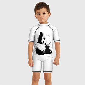 Детский купальный костюм 3D с принтом Панда минимализм , Полиэстер 85%, Спандекс 15% | застежка на молнии на спине | animal | bear | beast | black | minimalism | panda | white | белое | животное | зверь | краски | медведь | минимализм | панда | чернила | черно белое | черное