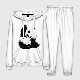 Мужской костюм 3D с принтом Панда минимализм , 100% полиэстер | Манжеты и пояс оформлены тканевой резинкой, двухслойный капюшон со шнурком для регулировки, карманы спереди | Тематика изображения на принте: animal | bear | beast | black | minimalism | panda | white | белое | животное | зверь | краски | медведь | минимализм | панда | чернила | черно белое | черное
