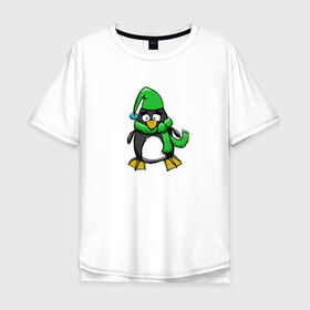 Мужская футболка хлопок Oversize с принтом Пингвин , 100% хлопок | свободный крой, круглый ворот, “спинка” длиннее передней части | пингвин | пингвин в шапке | пингвин в шарфе | рисунок | шарф