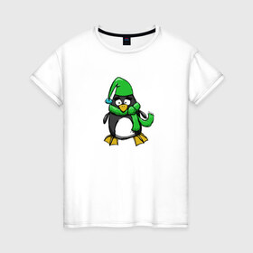 Женская футболка хлопок с принтом Пингвин , 100% хлопок | прямой крой, круглый вырез горловины, длина до линии бедер, слегка спущенное плечо | пингвин | пингвин в шапке | пингвин в шарфе | рисунок | шарф