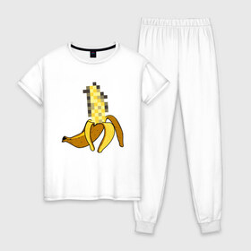 Женская пижама хлопок с принтом Банан Цензура , 100% хлопок | брюки и футболка прямого кроя, без карманов, на брюках мягкая резинка на поясе и по низу штанин | Тематика изображения на принте: banana | brazzers | censored | банан | без | пиксели | пиксель | фрукт