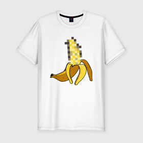 Мужская футболка хлопок Slim с принтом Банан Цензура , 92% хлопок, 8% лайкра | приталенный силуэт, круглый вырез ворота, длина до линии бедра, короткий рукав | Тематика изображения на принте: banana | brazzers | censored | банан | без | пиксели | пиксель | фрукт