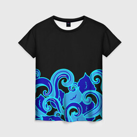 Женская футболка 3D с принтом Синие волны, узор , 100% полиэфир ( синтетическое хлопкоподобное полотно) | прямой крой, круглый вырез горловины, длина до линии бедер | abstract | art | japan style | nature | ocean | pattern | sea | summer | абстракция | арт | вода | волны | лето | море | морские | ночь | океан | орнамент | природа | рисунок | синий узор | узор | узор на черном | щупальца | японские вол