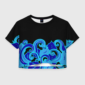Женская футболка Crop-top 3D с принтом Синие волны, узор , 100% полиэстер | круглая горловина, длина футболки до линии талии, рукава с отворотами | abstract | art | japan style | nature | ocean | pattern | sea | summer | абстракция | арт | вода | волны | лето | море | морские | ночь | океан | орнамент | природа | рисунок | синий узор | узор | узор на черном | щупальца | японские вол