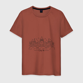 Мужская футболка хлопок с принтом город N в стиле лайн арт , 100% хлопок | прямой крой, круглый вырез горловины, длина до линии бедер, слегка спущенное плечо. | город | дома | замок | кремль | лайн арт | линия | мост | река | стиль