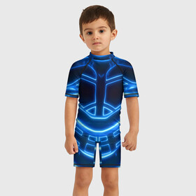 Детский купальный костюм 3D с принтом Неоновая броня | Neon Armor , Полиэстер 85%, Спандекс 15% | застежка на молнии на спине | cyberpunk 2077 | абстракция | броня | неон | синяя | текстура | трон