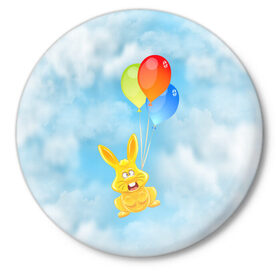 Значок с принтом Харитон на воздушных шариках ,  металл | круглая форма, металлическая застежка в виде булавки | воздушные шары | детям | желейный заяц | зайчики | заяц | заяц харитон | звери | кролик | небо | харитошка