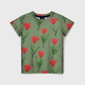 Детская футболка 3D с принтом Красные тюльпаны на зеленом , 100% гипоаллергенный полиэфир | прямой крой, круглый вырез горловины, длина до линии бедер, чуть спущенное плечо, ткань немного тянется | 8 марта | flowers | march 8 | spring | ботаническая иллюстрация | весна | день рождения | зеленый | красный | лето | любовь | праздник | принт | природа | растения | тюльпаны | цветы