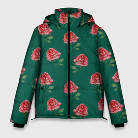 Мужская зимняя куртка 3D с принтом Розы на зеленом фоне , верх — 100% полиэстер; подкладка — 100% полиэстер; утеплитель — 100% полиэстер | длина ниже бедра, свободный силуэт Оверсайз. Есть воротник-стойка, отстегивающийся капюшон и ветрозащитная планка. 

Боковые карманы с листочкой на кнопках и внутренний карман на молнии. | 8 марта | flowers | march 8 | spring | ботаническая иллюстрация | весна | день рождения | зеленый | красный | лето | любовь | праздник | принт | природа | растения | розы | цветы