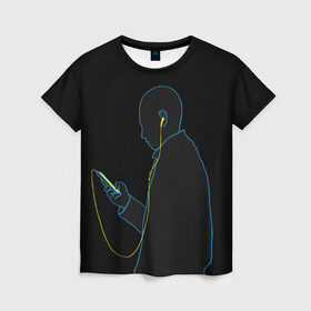 Женская футболка 3D с принтом Парень в наушниках(Неон) , 100% полиэфир ( синтетическое хлопкоподобное полотно) | прямой крой, круглый вырез горловины, длина до линии бедер | музыка | наушники | неон | парень | телефон