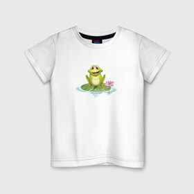 Детская футболка хлопок с принтом Лягушка на кувшинке , 100% хлопок | круглый вырез горловины, полуприлегающий силуэт, длина до линии бедер | животное | кувшинка | лягушка | лягушка на кувшинке | лягушонок | минимализм | рисунок
