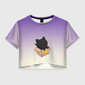 Женская футболка Crop-top 3D с принтом черный котенок в коробке , 100% полиэстер | круглая горловина, длина футболки до линии талии, рукава с отворотами | арт | бокс | градиент | кавай | коробка | кот | котенок | котик | миленько | милота | рисунок