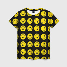 Женская футболка 3D с принтом Смайлики , 100% полиэфир ( синтетическое хлопкоподобное полотно) | прямой крой, круглый вырез горловины, длина до линии бедер | emoji | smile | sticker | грусть | любовь | печаль | плачь | смайлики | стикеры | текстура | улыбка | эмоджи | эмодзи