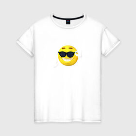 Женская футболка хлопок с принтом Постироничный смайлик , 100% хлопок | прямой крой, круглый вырез горловины, длина до линии бедер, слегка спущенное плечо | mem | мем | постирония | смайлик в очках | эмодзи | юмор