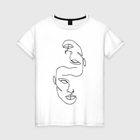Женская футболка хлопок с принтом Лица , 100% хлопок | прямой крой, круглый вырез горловины, длина до линии бедер, слегка спущенное плечо | голова | два лица | контурный рисунок | лицо | рисунок лица