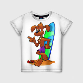 Детская футболка 3D с принтом Лыжная собака , 100% гипоаллергенный полиэфир | прямой крой, круглый вырез горловины, длина до линии бедер, чуть спущенное плечо, ткань немного тянется | вода | животное | краб | лыжи | лыжная собака | море | пляж | собака