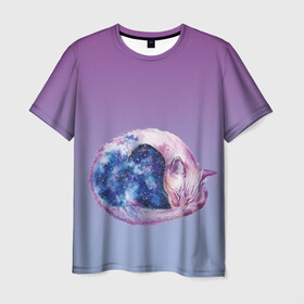 Мужская футболка 3D с принтом кот звездное небо спит , 100% полиэфир | прямой крой, круглый вырез горловины, длина до линии бедер | акварель | вселенная | галактика | звездное небо | звезды | клубочек | кот | кошка | магия | ночь | свернувшись | сны | спит | туманность | фантазии