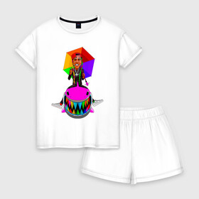 Женская пижама с шортиками хлопок с принтом Tekashi69 , 100% хлопок | футболка прямого кроя, шорты свободные с широкой мягкой резинкой | 6ix9ine | rap | tekashi | акула | реп | текаши