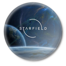 Значок с принтом Starfield ,  металл | круглая форма, металлическая застежка в виде булавки | Тематика изображения на принте: bethesda game studios | bethesda softworks | звездное | космос | планеты