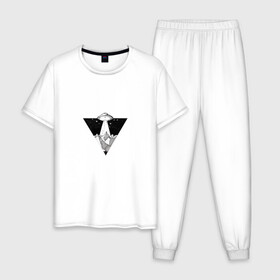 Мужская пижама хлопок с принтом Летающая тарелка , 100% хлопок | брюки и футболка прямого кроя, без карманов, на брюках мягкая резинка на поясе и по низу штанин
 | Тематика изображения на принте: горы | летающая тарелка | нло | сюрреализм | черно белое