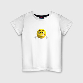 Детская футболка хлопок с принтом Злой постироничный смайл , 100% хлопок | круглый вырез горловины, полуприлегающий силуэт, длина до линии бедер | Тематика изображения на принте: mem | мем | постирония | смайлик в очках | эмодзи | юмор