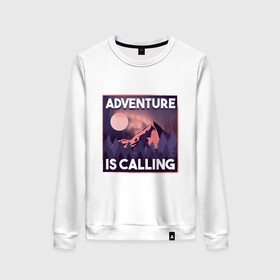 Женский свитшот хлопок с принтом Adventure is calling , 100% хлопок | прямой крой, круглый вырез, на манжетах и по низу широкая трикотажная резинка  | forest | landscape | moon | mountain | mountains | nature | northern lights | polar lights | гора | горы | ели | ель | лес | луна | лучше гор могут быть только горы | пейзаж | приключение | приключения | природа | северное сияние | сосна | с