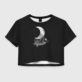 Женская футболка Crop-top 3D с принтом Moon Ship , 100% полиэстер | круглая горловина, длина футболки до линии талии, рукава с отворотами | drift | drifting | float | floating | galaxy | milky | moon | planet | ship | space | spaceship | star | suit | surfing | to | travel | way | галактика | дрейф | звезда | корабль | космический | космонавт | космос | луна | млечный | планета | путешествие 