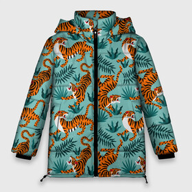 Женская зимняя куртка Oversize с принтом Рычащие Тигры Паттерн , верх — 100% полиэстер; подкладка — 100% полиэстер; утеплитель — 100% полиэстер | длина ниже бедра, силуэт Оверсайз. Есть воротник-стойка, отстегивающийся капюшон и ветрозащитная планка. 

Боковые карманы с листочкой на кнопках и внутренний карман на молнии | Тематика изображения на принте: black | cat | chill | relax | tiger | животные | коралловый | кот | кошки | лев | леопарды | отдых | паттерн | полосатый | полосы | растения | тигры | узор | цветы