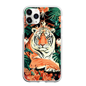 Чехол для iPhone 11 Pro матовый с принтом Огненный Тигр в Цветах , Силикон |  | black | cat | chill | relax | tiger | животные | коралловый | кот | кошки | лев | леопарды | огонь | отдых | паттерн | полосатый | полосы | растения | тигры | узор | цветы