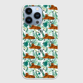 Чехол для iPhone 13 Pro с принтом Цветы и Тигр Паттерн ,  |  | black | cat | chill | relax | tiger | животные | коралловый | кот | кошки | лев | леопарды | отдых | паттерн | полосатый | полосы | растения | тигры | узор | цветы